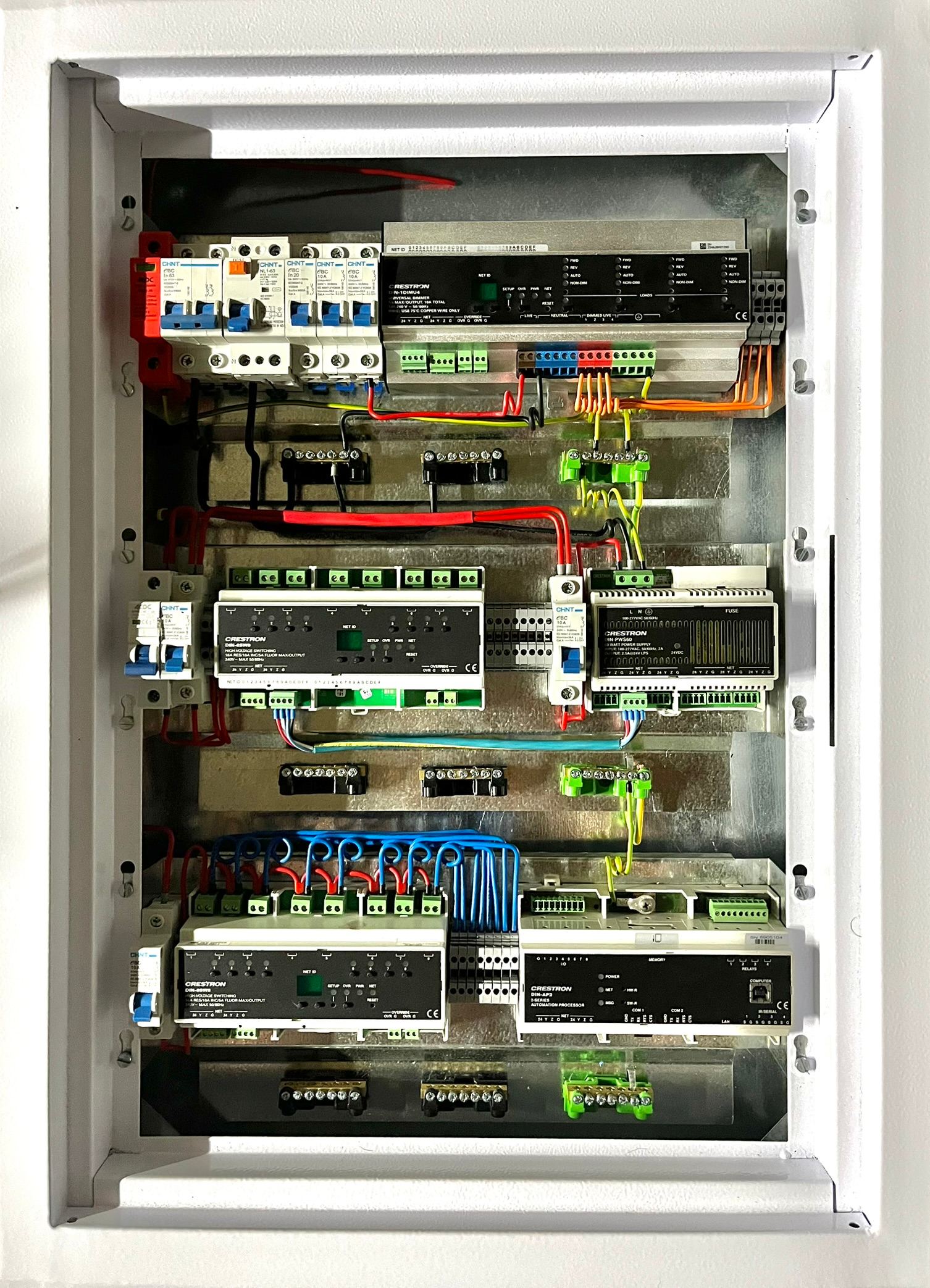 Finished Crestron lighting control distribution board with relays and dimmers