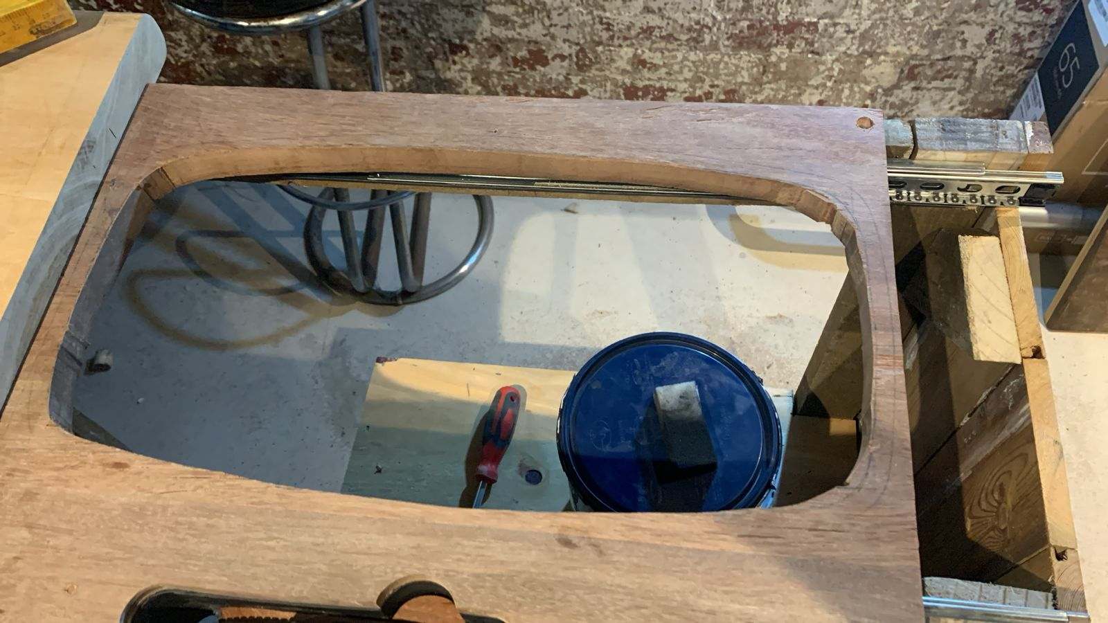 DG Technologies heritage entertainment room build detail: Hidden Sink Mechanism in Progress